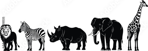 African wildlife animal silhouette illustration set, lion zebra rhinoceros elephant giraffe vector artwork, black and white savanna nature design collection