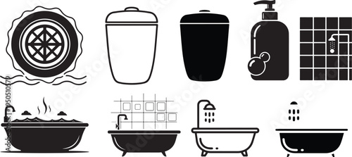 Collection of stylized bathroom and hygiene icons including bathtubs shower soap dispenser and trash cans