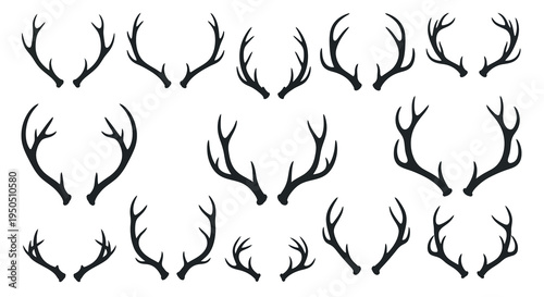A collection of various black silhouette deer antlers are displayed against a stark white background showcasing natural forms