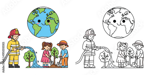 Firefighter watering trees planted by kids with cute smiling Earth. Earth Day color and line art coloring page.