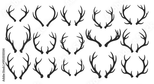 A collection of various black silhouettes depicting deer antlers arranged in a grid pattern on a white background