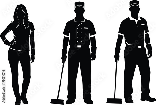 Cleaning service staff silhouette collection, cad drawing flat vector illustration, flavector set of professional janitors, maid, and cleaners with brooms.