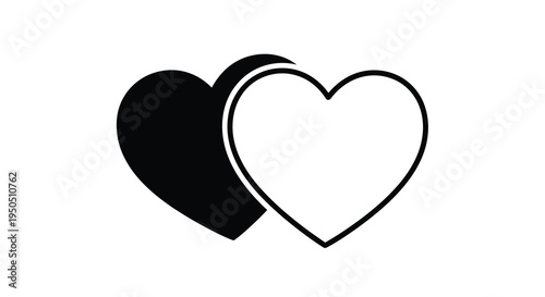 A simple graphic depicts two hearts one solid black and the other a white outline symbolizing affection and duality