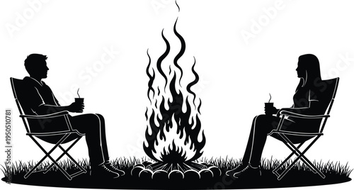 Couple sitting by campfire in chairs drinking coffee silhouette, cad drawing flat vector illustration, outdoor camping adventure night forest scene.