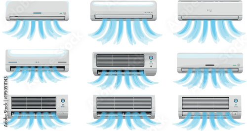 Air conditioner cooling system icons set with wall AC units blowing cold air breeze isolated vector collection