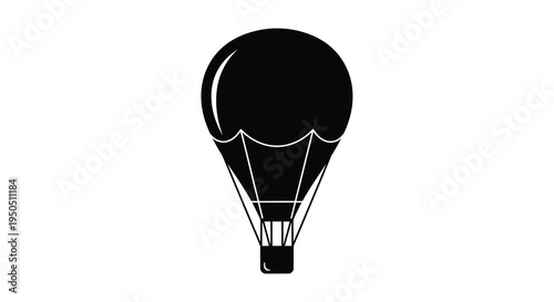 A stark black silhouette depicts a classic hot air balloon against a clean bright white background offering simplicity
