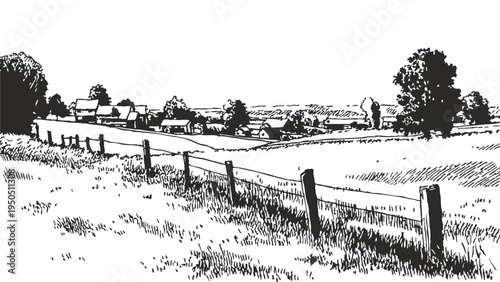Country village rural fields peaceful agricultural horizon. Open farmland with houses and countryside scenery. Background for rural composition. Vector sketch drawing style.