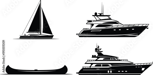 Boat silhouette vector illustration set, sailboat canoe motor yacht designs, black and white watercraft artwork, nautical transport collection, marine vessel graphic design