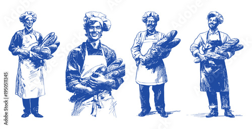Baker people holding bread bakery worker characters. Set of bakers with fresh baguettes in detailed pencil hand drawn drawing style. Background for bakery branding and food industry design.