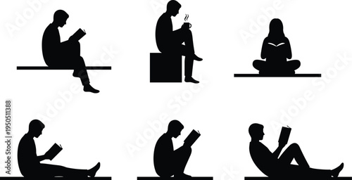 People reading books and drinking coffee set with sitting and lying silhouettes cad drawing flat vector illustration for education service.