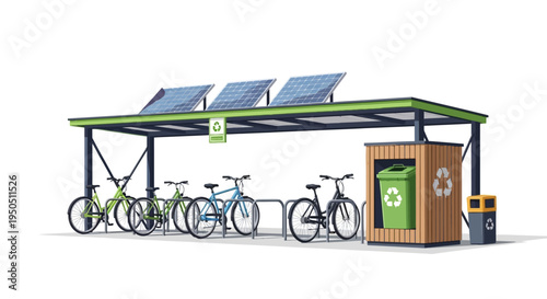 Eco-friendly bicycle parking with solar panels and recycling bins