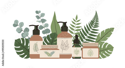 Natural Skincare Products with Green Leaves and Botanicals