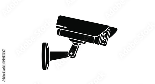 A stark black and white silhouette depicts a modern security camera mounted on a wall suggesting surveillance high quality professional detailed