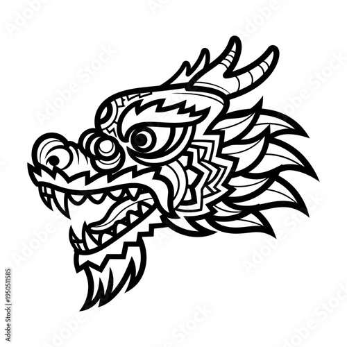 Black and white illustration of a dragon head with sharp teeth and horns tribal design mythical creature fantasy art aggressive expression