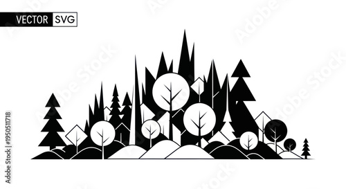 Abstract Forest Landscape Silhouette, Minimalist Trees and Hills, Vector Art