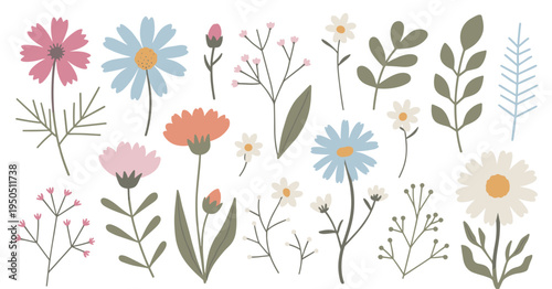 Assorted hand-drawn flowers and leaves in pastel colors