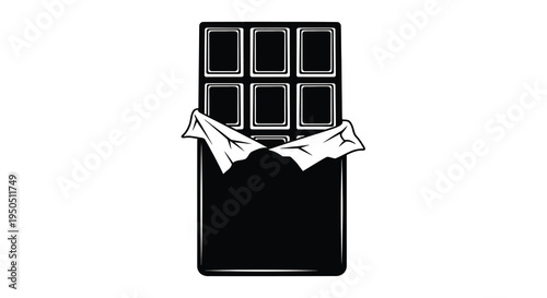 A black and white illustration depicts a partially unwrapped chocolate bar showcasing its segmented rectangular pieces high quality professional