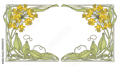 Φωτογραφία Art Nouveau floral border with yellow daffodils and green leaves, ornate frame d