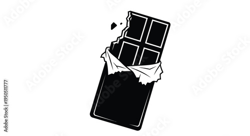 A stylized black and white illustration depicts a partially unwrapped chocolate bar with a bite taken out high quality