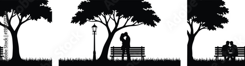 Romantic couple in park silhouette with trees and bench cad drawing flat vector illustration for valentine and wedding anniversary design.