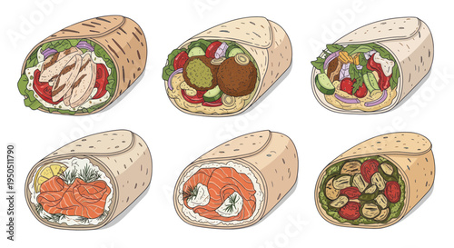 Assorted Wraps and Burritos with Various Fillings: Chicken, Falafel, Salmon, Vegetables
