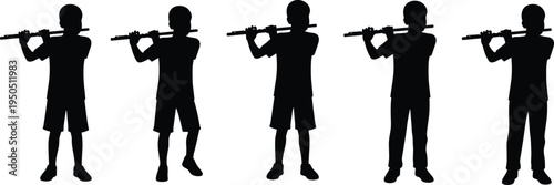 School children playing flute set with young students musical performance cad drawing flat vector illustration for school music class education.
