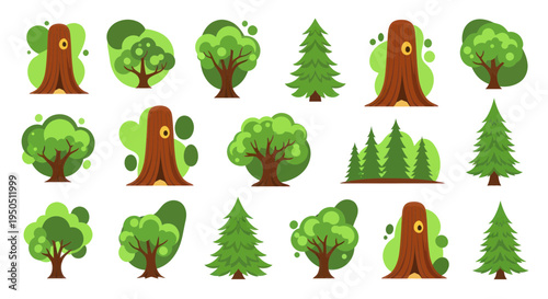 Collection of stylized green trees and forest elements, vector illustration