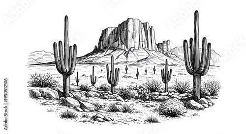 Desert Landscape with Saguaro Cacti and Mesa Mountains, Black and White Sketch