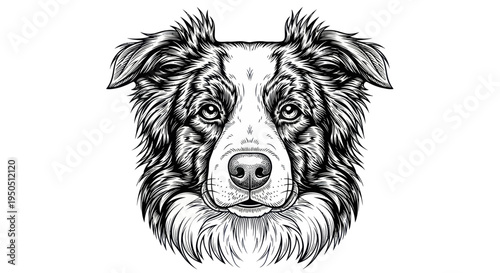 Detailed Sketch Portrait of a Border Collie Dog Head, Black and White Drawing