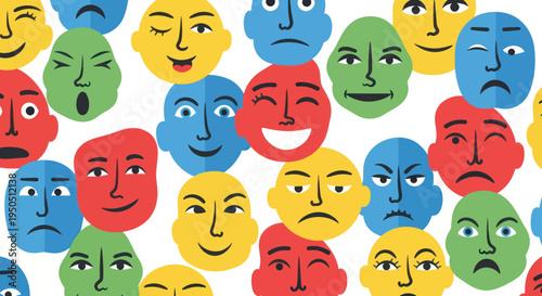 Diverse Emotions Faces Pattern - Happiness, Sadness, Anger, Surprise, Joy