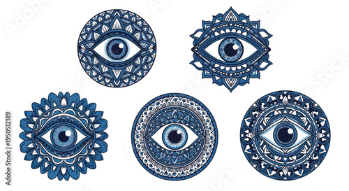 Evil Eye Talisman Symbols - Blue Mandalas with Eyes