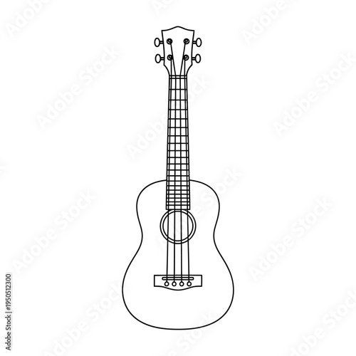 Simple line drawing of ukulele musical instrument with four strings and tuning pegs on white background
