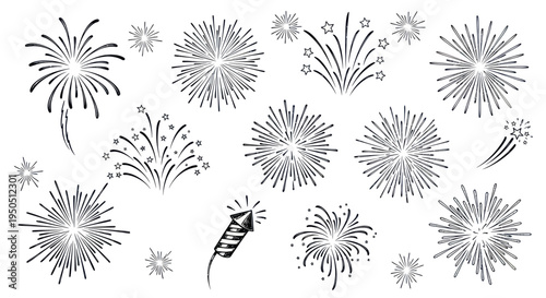 Hand-Drawn Fireworks Collection: Celebratory Explosions and Starbursts