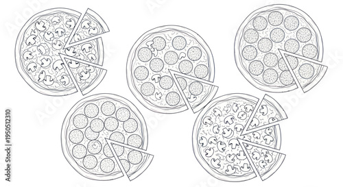 Hand-drawn sketch style pizzas, five whole and sliced, mushroom and pepperoni toppings