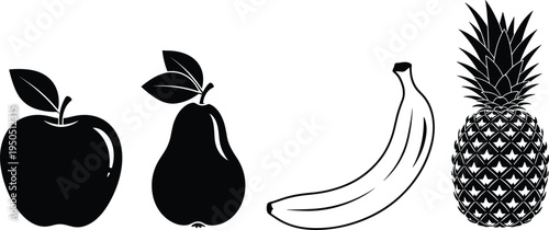 Fruit silhouette vector illustration set, apple pear banana pineapple designs, black and white food artwork, healthy nutrition concept, fresh fruit graphic collection