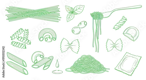 Italian Pasta Collection: Spaghetti, Penne, Farfalle, Fusilli, Ravioli, Olives, Basil