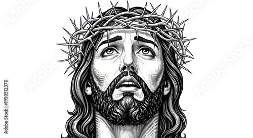 Jesus Christ Crown of Thorns Suffering Portrait, Religious Christian Symbolism