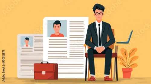 Man in suit sitting by resume with briefcase and laptop