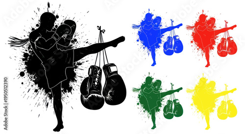 Martial Arts Fighter Silhouette Kickboxing Muay Thai Sport Action Grunge Splatter