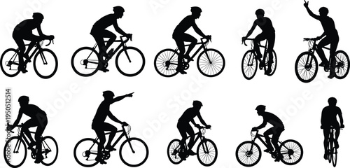 Cyclist silhouettes set, bicycle riders diverse group side view, cad drawing flat vector illustration flavector, sports outdoor cycling motion graphics.