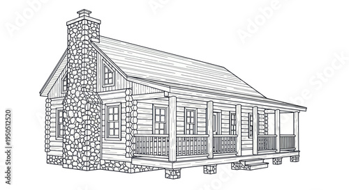 Rustic Log Cabin Sketch with Stone Chimney and Porch