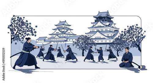 Samurai Training Session Before Japanese Castle and Cherry Blossoms