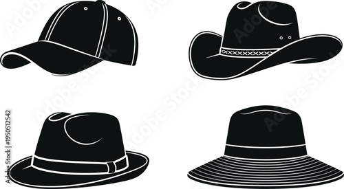 Hat silhouette vector illustration set, baseball cap cowboy fedora sun hat designs, black and white fashion accessory artwork, stylish headwear graphic collection