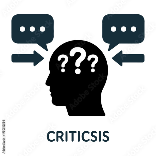 Vector of a human head with question marks and speech bubbles representing criticism