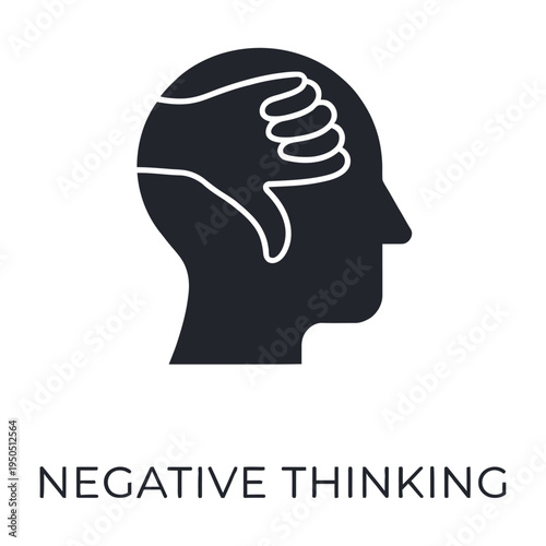 Vector representing negative thinking with a thumbs-down gesture inside a head silhouette