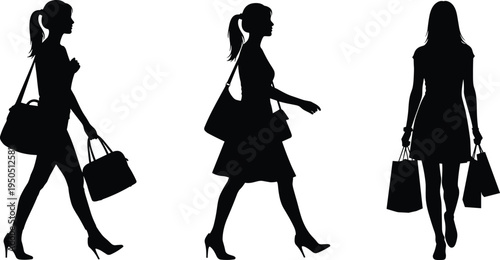 Side and front view silhouette of a woman walking with shopping bags and handbags cad drawing flat vector illustration