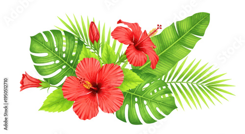 Vibrant Tropical Hibiscus Flowers and Palm Leaves Arrangement