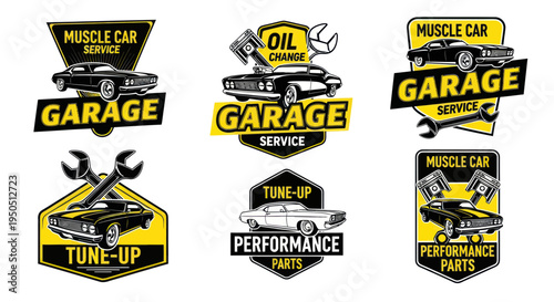 Vintage Muscle Car Garage Service Logos - Retro Automotive Repair Badges