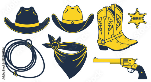Wild West Cowboy Accessories Collection: Hat, Boots, Lasso, Gun, Sheriff Badge
