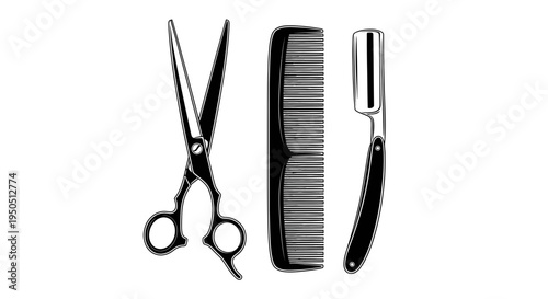Vintage Barber Tools: Scissors, Comb, and Straight Razor on White Background